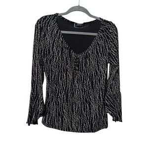 Y2K Frazier Lawrence Womens Black White Vine Bell Sleeve V-Neck Top Medium